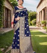 Navy blue floral embroidered zari organza saree