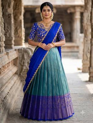 South Indian Style Semi-Stitched Half Saree with Blouse and Dupatta 1