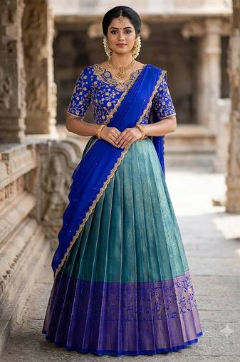 South Indian Style Semi-Stitched Half Saree with Blouse and Dupatta