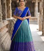 South Indian Style Semi-Stitched Half Saree with Blouse and Dupatta