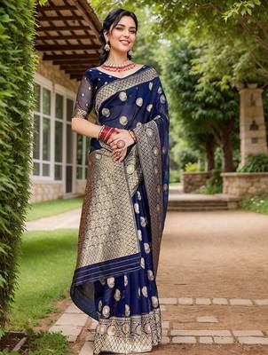 Navy blue floral embroidered zari organza saree 2