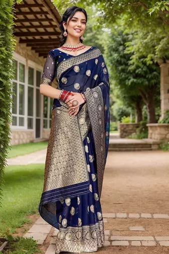 Navy blue floral embroidered zari organza saree