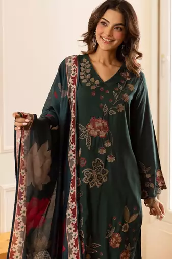 women floral embroidered regular thread work kurta with palazzos & with dupatta