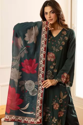 women floral embroidered regular thread work kurta with palazzos & with dupatta
