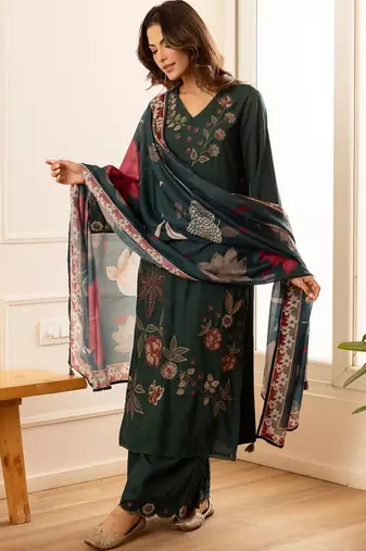 women floral embroidered regular thread work kurta with palazzos & with dupatta