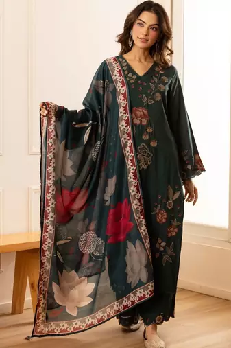 women floral embroidered regular thread work kurta with palazzos & with dupatta