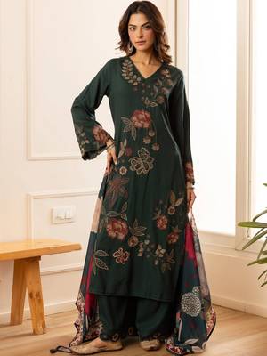 women floral embroidered regular thread work kurta with palazzos & with dupatta 1