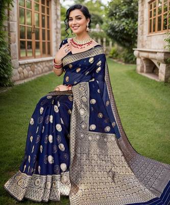 Navy blue floral embroidered zari organza saree 3