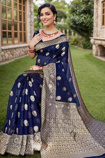 Navy blue floral embroidered zari organza saree