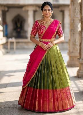 South Indian Style Semi-Stitched Half Saree with Blouse and Dupatta 1