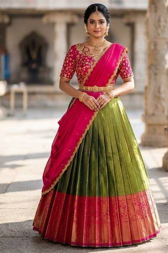 South Indian Style Semi-Stitched Half Saree with Blouse and Dupatta