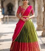 South Indian Style Semi-Stitched Half Saree with Blouse and Dupatta