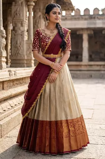 South Indian Style Semi-Stitched Half Saree with Blouse and Dupatta