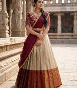 South Indian Style Semi-Stitched Half Saree with Blouse and Dupatta