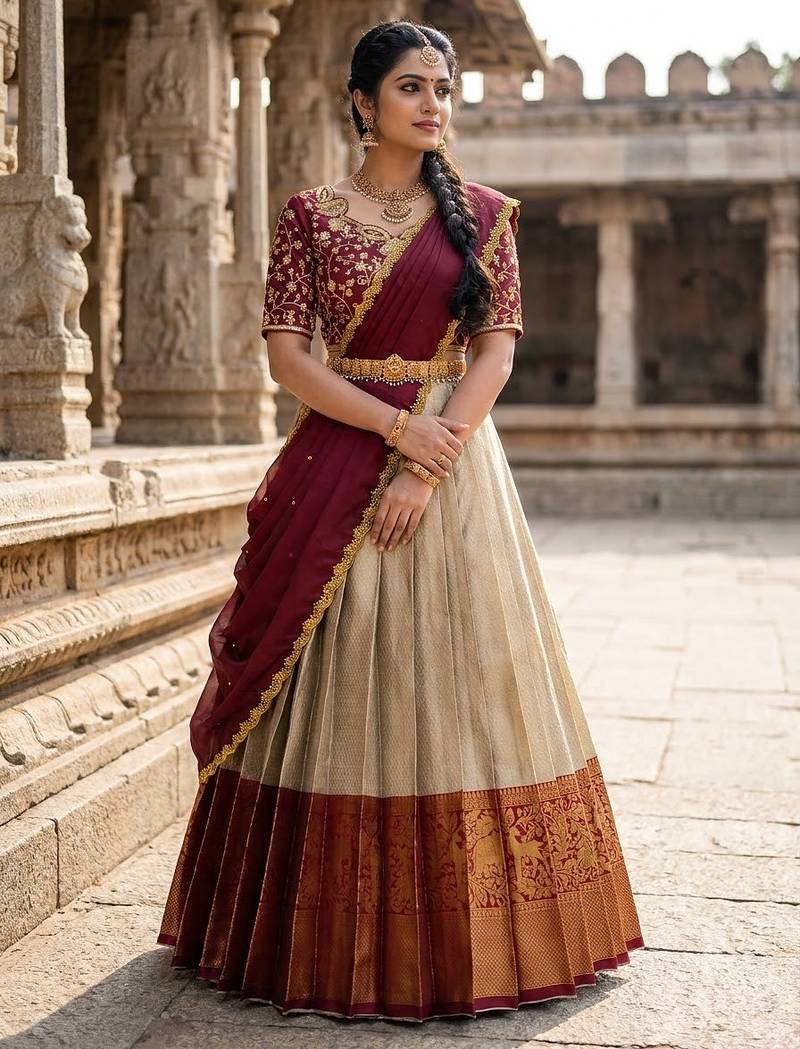 South Indian Style Semi-Stitched Half Saree with Blouse and Dupatta