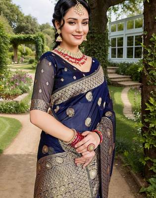 Navy blue floral embroidered zari organza saree 4
