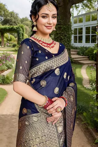Navy blue floral embroidered zari organza saree