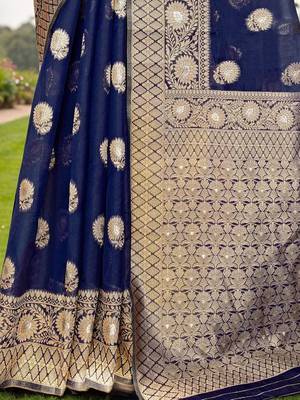 Navy blue floral embroidered zari organza saree 5