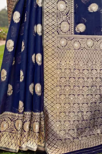 Navy blue floral embroidered zari organza saree