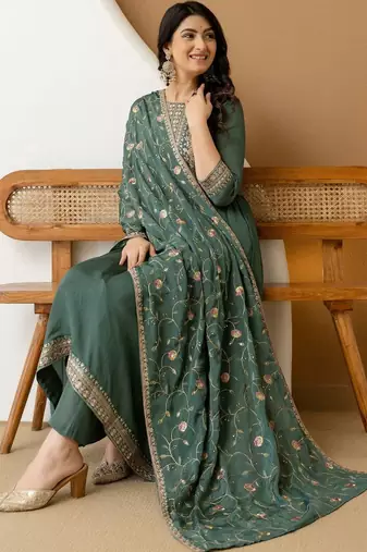 women ethnic motifs embroidered empire thread work  silk kurta with trousers & with dupatta