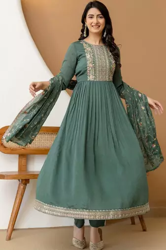women ethnic motifs embroidered empire thread work  silk kurta with trousers & with dupatta