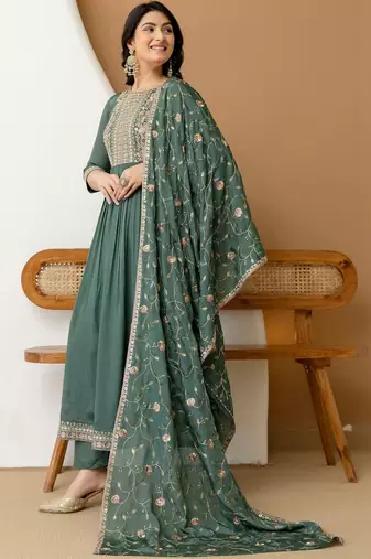 women ethnic motifs embroidered empire thread work  silk kurta with trousers & with dupatta