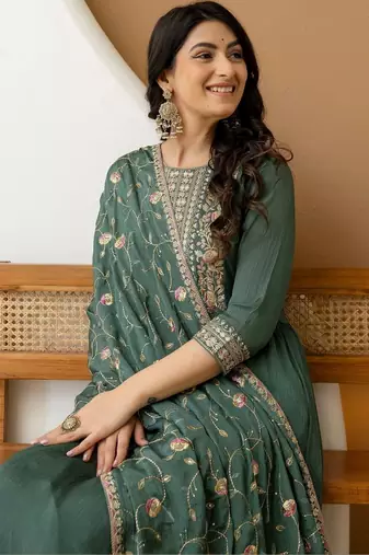 women ethnic motifs embroidered empire thread work  silk kurta with trousers & with dupatta