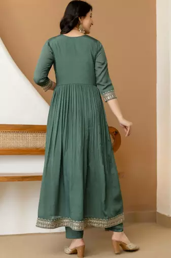 women ethnic motifs embroidered empire thread work  silk kurta with trousers & with dupatta