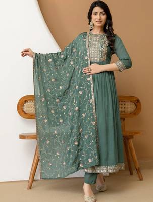 women ethnic motifs embroidered empire thread work  silk kurta with trousers & with dupatta 7