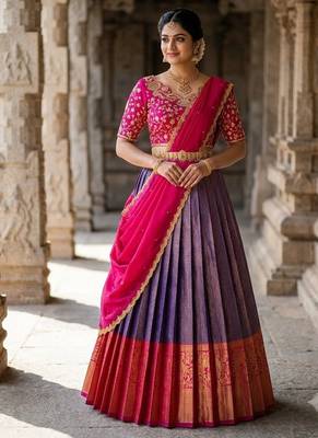 South Indian Style Semi-Stitched Half Saree with Blouse and Dupatta 1