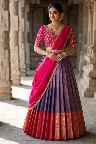 South Indian Style Semi-Stitched Half Saree with Blouse and Dupatta