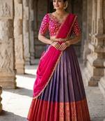 South Indian Style Semi-Stitched Half Saree with Blouse and Dupatta