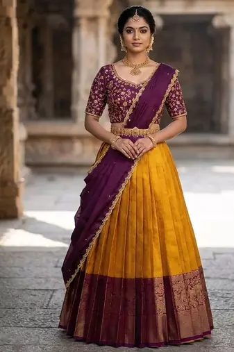 South Indian Style Semi-Stitched Half Saree with Blouse and Dupatta