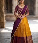 South Indian Style Semi-Stitched Half Saree with Blouse and Dupatta