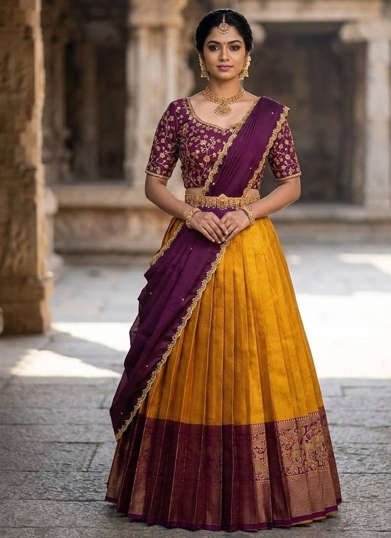 South Indian Style Semi-Stitched Half Saree with Blouse and Dupatta