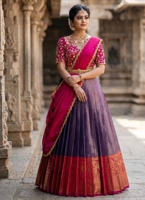 South Indian Style Semi-Stitched Half Saree with Blouse and Dupatta 2