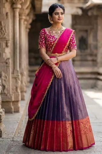 South Indian Style Semi-Stitched Half Saree with Blouse and Dupatta