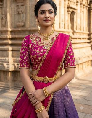 South Indian Style Semi-Stitched Half Saree with Blouse and Dupatta 3