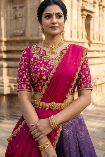 South Indian Style Semi-Stitched Half Saree with Blouse and Dupatta