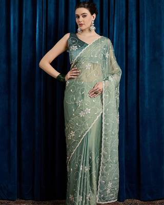 Sea green women floral embroidered saree with blouse piece 1