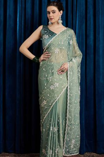 Sea green women floral embroidered saree with blouse piece