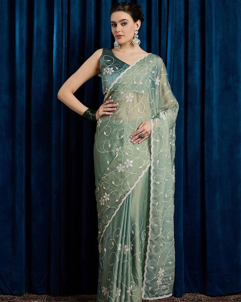 Sea green women floral embroidered saree with blouse piece