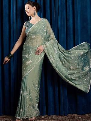 Sea green women floral embroidered saree with blouse piece 2