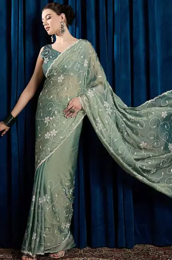 Sea green women floral embroidered saree with blouse piece