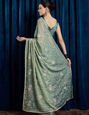 Sea green women floral embroidered saree with blouse piece 3