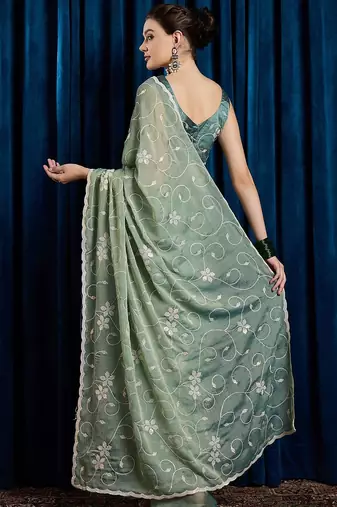Sea green women floral embroidered saree with blouse piece
