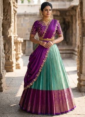 South Indian Style Semi-Stitched Half Saree with Blouse and Dupatta 1