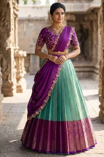 South Indian Style Semi-Stitched Half Saree with Blouse and Dupatta