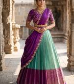 South Indian Style Semi-Stitched Half Saree with Blouse and Dupatta
