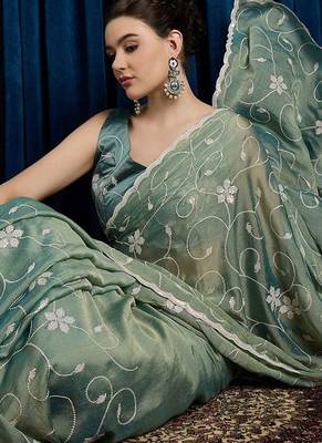 Sea green women floral embroidered saree with blouse piece 4